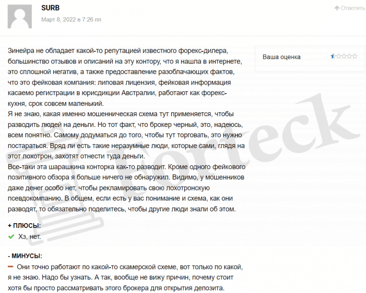 Zineera (zineera.com) лжеброкер! Отзыв Forteck